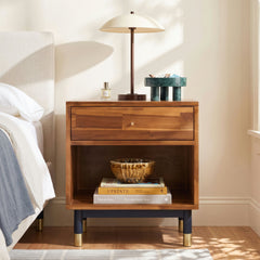 End Table, Solid Acacia Wood in Natural Tones with Black Iron Legs
