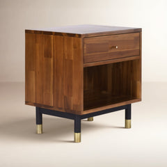 End Table, Solid Acacia Wood in Natural Tones with Black Iron Legs