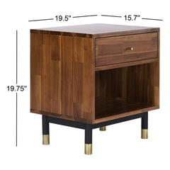 End Table, Solid Acacia Wood in Natural Tones with Black Iron Legs