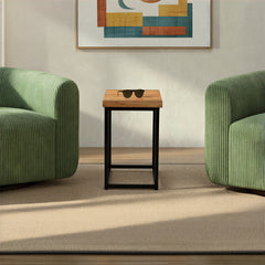 End Table, Solid Acacia Wood Top, Black Iron Frame