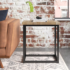 End Table, Solid Acacia Wood Top, Black Iron Frame