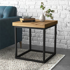 End Table, Solid Acacia Wood Top with Black Iron Base