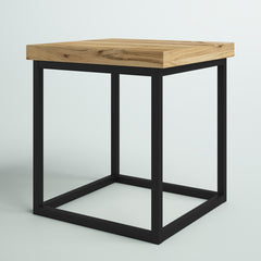 End Table, Solid Acacia Wood Top with Black Iron Base