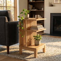 End Table, Solid American White Oak, 2 Shelves, Brown