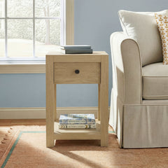 End Table, Solid and Manufactured Wood with Drawer in Pale Oak