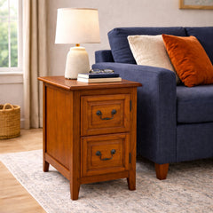 End Table, Solid Ash Wood with Adjustable Shelf in Medium Oak