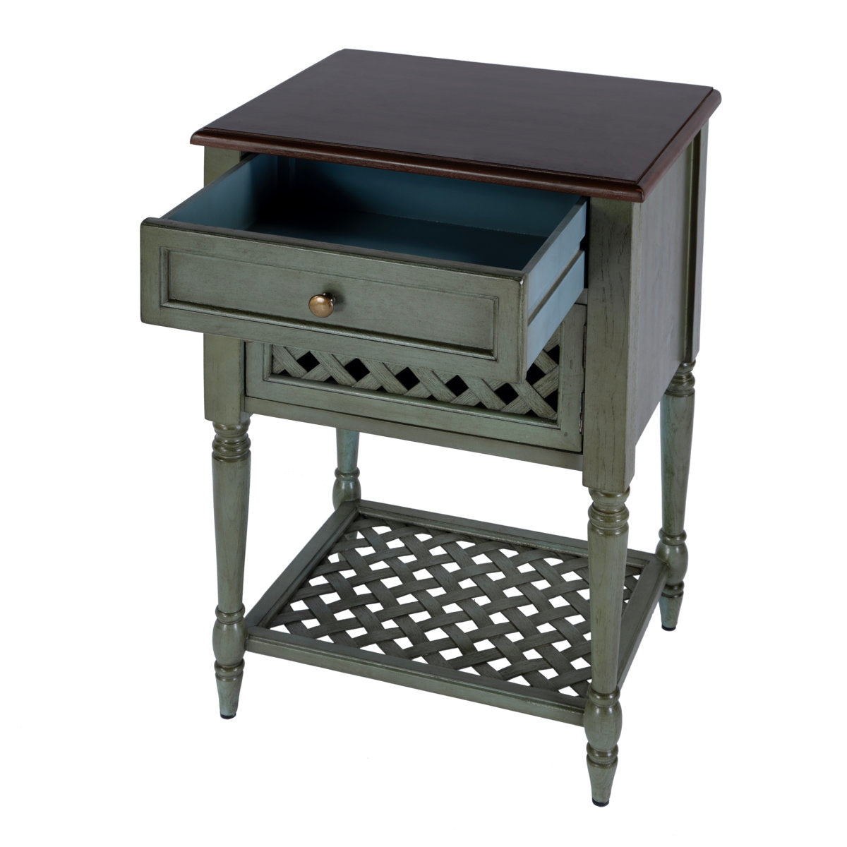 End Table, Solid Mahogany with Brown Top and Woven Drawer
