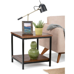 End Table, Solid Mango Wood, Dark Cognac Brown Top, Black Metal Base