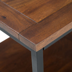 End Table, Solid Mango Wood, Dark Cognac Brown Top, Black Metal Base