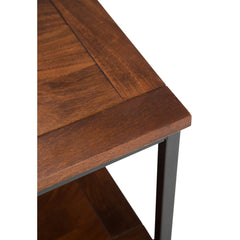 End Table, Solid Mango Wood, Dark Cognac Brown Top, Black Metal Base