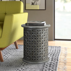 End Table, Solid Mango Wood with Drum Base, Antique Gray
