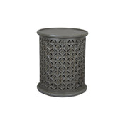 End Table, Solid Mango Wood with Drum Base, Antique Gray