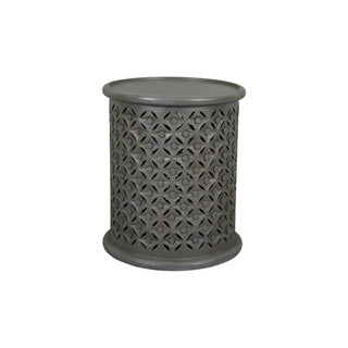 End Table, Solid Mango Wood with Drum Base, Antique Gray