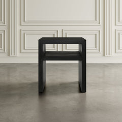 End Table, Solid Mango Wood with Storage Shelf in Black