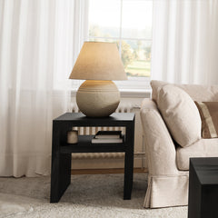 End Table, Solid Mango Wood with Storage Shelf in Black