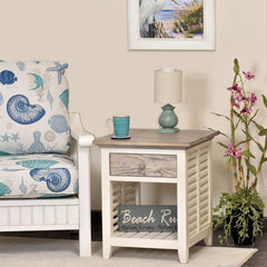 End Table, Solid Mindi Wood, Gray Top and White Base