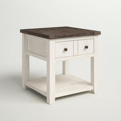 End Table, Solid Pine Wood with Drawer and Shelf