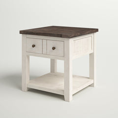 End Table, Solid Pine Wood with Drawer and Shelf