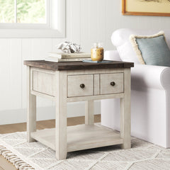 End Table, Solid Pine Wood with Drawer and Shelf