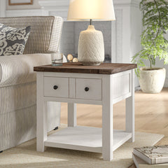 End Table, Solid Pine Wood with Drawer and Shelf