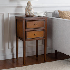 End Table, Solid Pine Wood with Storage Drawers, Brown