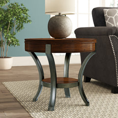 End Table, Solid Wood Top, Steel Base, Reddish Brown