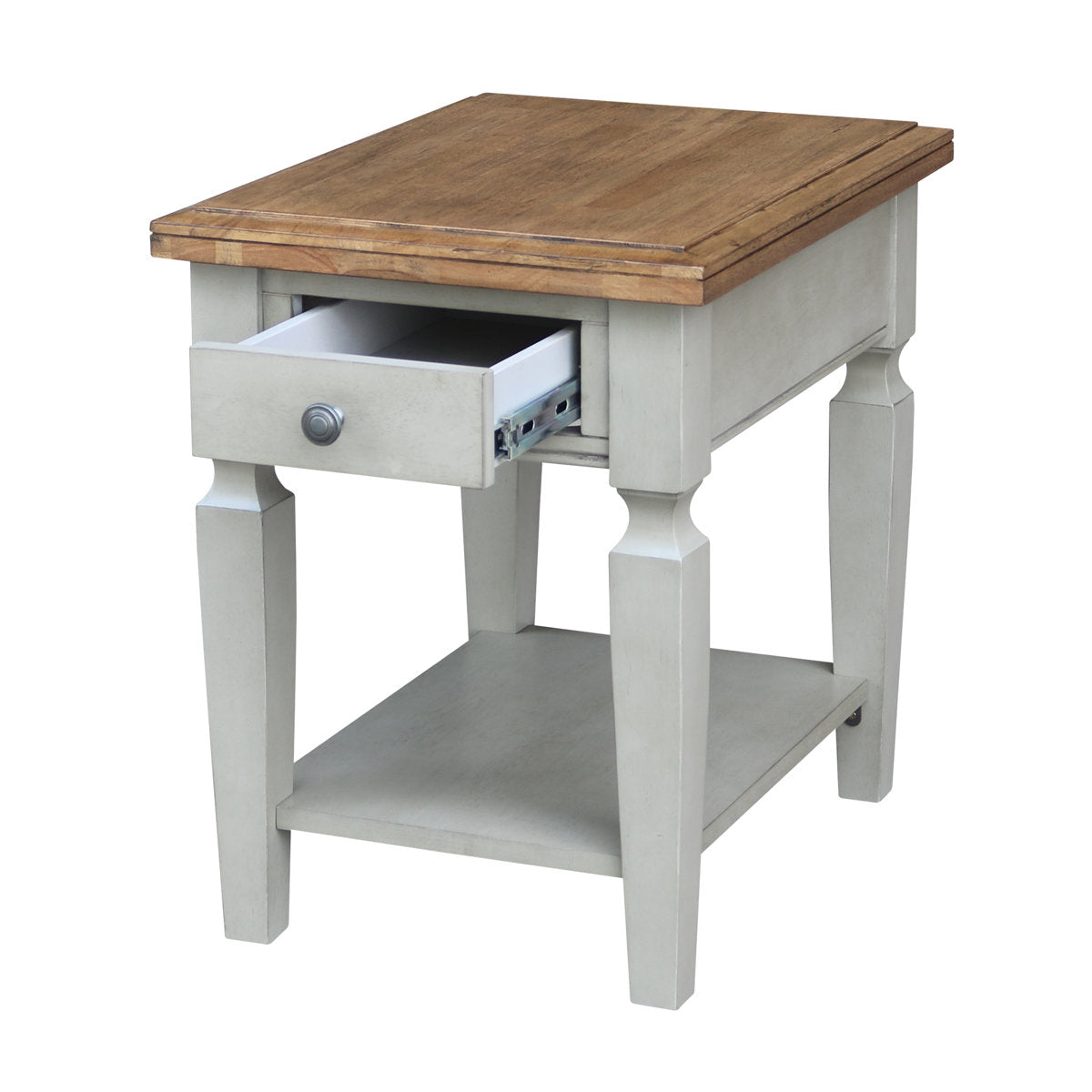 End Table, Solid Wood with Drawer and Shelf in Hickory and Stone