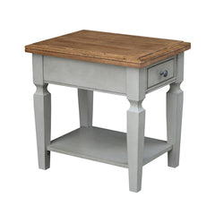 End Table, Solid Wood with Drawer and Shelf in Hickory and Stone