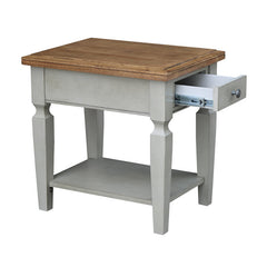 End Table, Solid Wood with Drawer and Shelf in Hickory and Stone