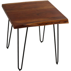 End Table, Square, Brown Acacia Wood Top with Black Metal Legs