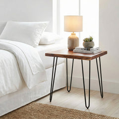 End Table, Square, Brown Acacia Wood Top with Black Metal Legs