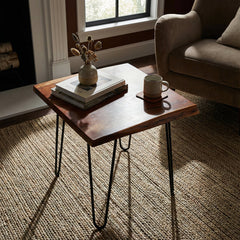 End Table, Square, Brown Acacia Wood Top with Black Metal Legs