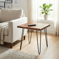 End Table, Square, Brown Acacia Wood Top with Black Metal Legs