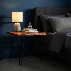 End Table, Square, Brown Acacia Wood Top with Black Metal Legs