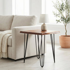 End Table, Square, Brown Acacia Wood Top with Black Metal Legs