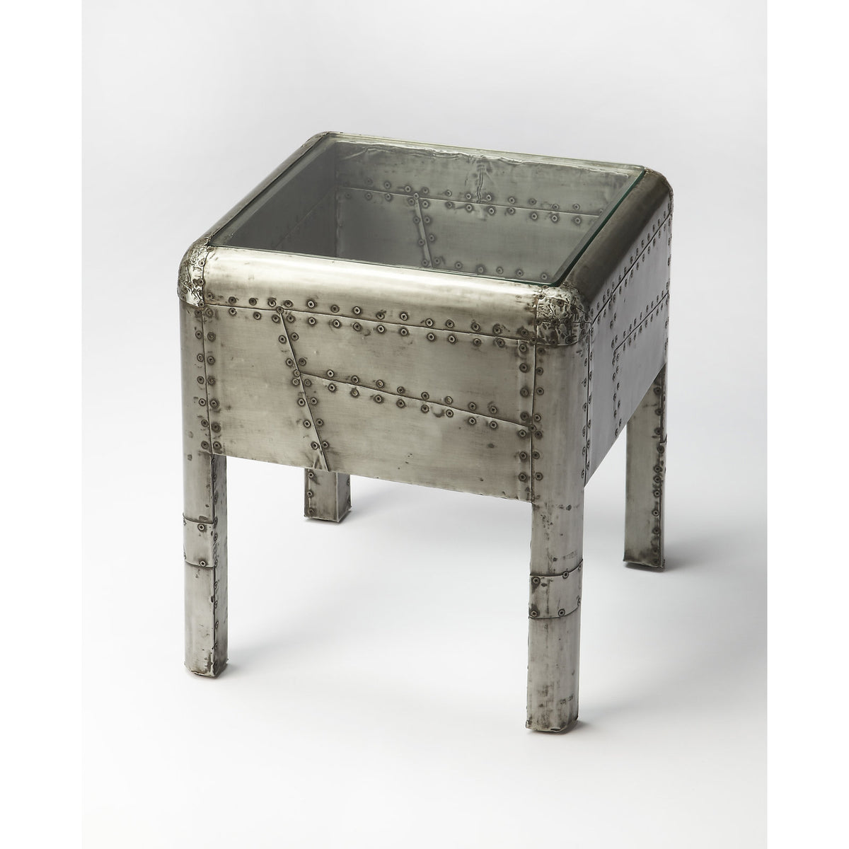 End Table, Square Glass Top with Gray Solid Wood and Aluminum Base