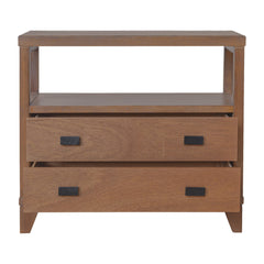 End Table with 2 Drawers and Open Shelf, Wood Veneer, Matte Black Handles