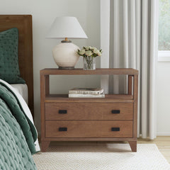 End Table with 2 Drawers and Open Shelf, Wood Veneer, Matte Black Handles