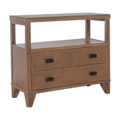 End Table with 2 Drawers and Open Shelf, Wood Veneer, Matte Black Handles