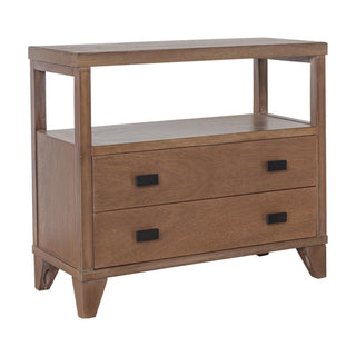 End Table with 2 Drawers and Open Shelf, Wood Veneer, Matte Black Handles