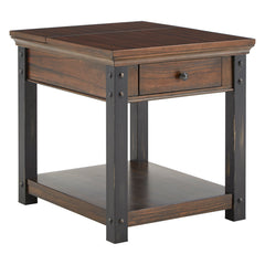 End Table with Drawer and Built-In Outlet, Wood Top and Black Metal Base