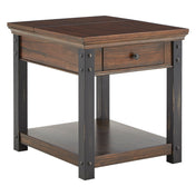 End Table with Drawer and Built-In Outlet, Wood Top and Black Metal Base