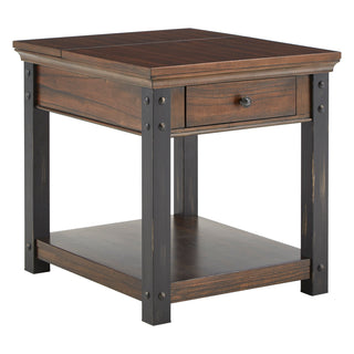 End Table with Drawer and Built-In Outlet, Wood Top and Black Metal Base