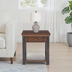 End Table with Drawer and Built-In Outlet, Wood Top and Black Metal Base