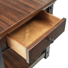 End Table with Drawer and Built-In Outlet, Wood Top and Black Metal Base