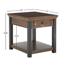 End Table with Drawer and Built-In Outlet, Wood Top and Black Metal Base