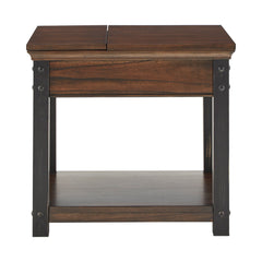 End Table with Drawer and Built-In Outlet, Wood Top and Black Metal Base