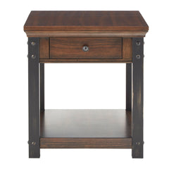 End Table with Drawer and Built-In Outlet, Wood Top and Black Metal Base