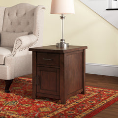End Table with Drawer and Cabinet in Solid Wood, Dark Brown