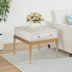 End Table with Drawer and Cubby, 24 in H, White Top with Satin Brass Base